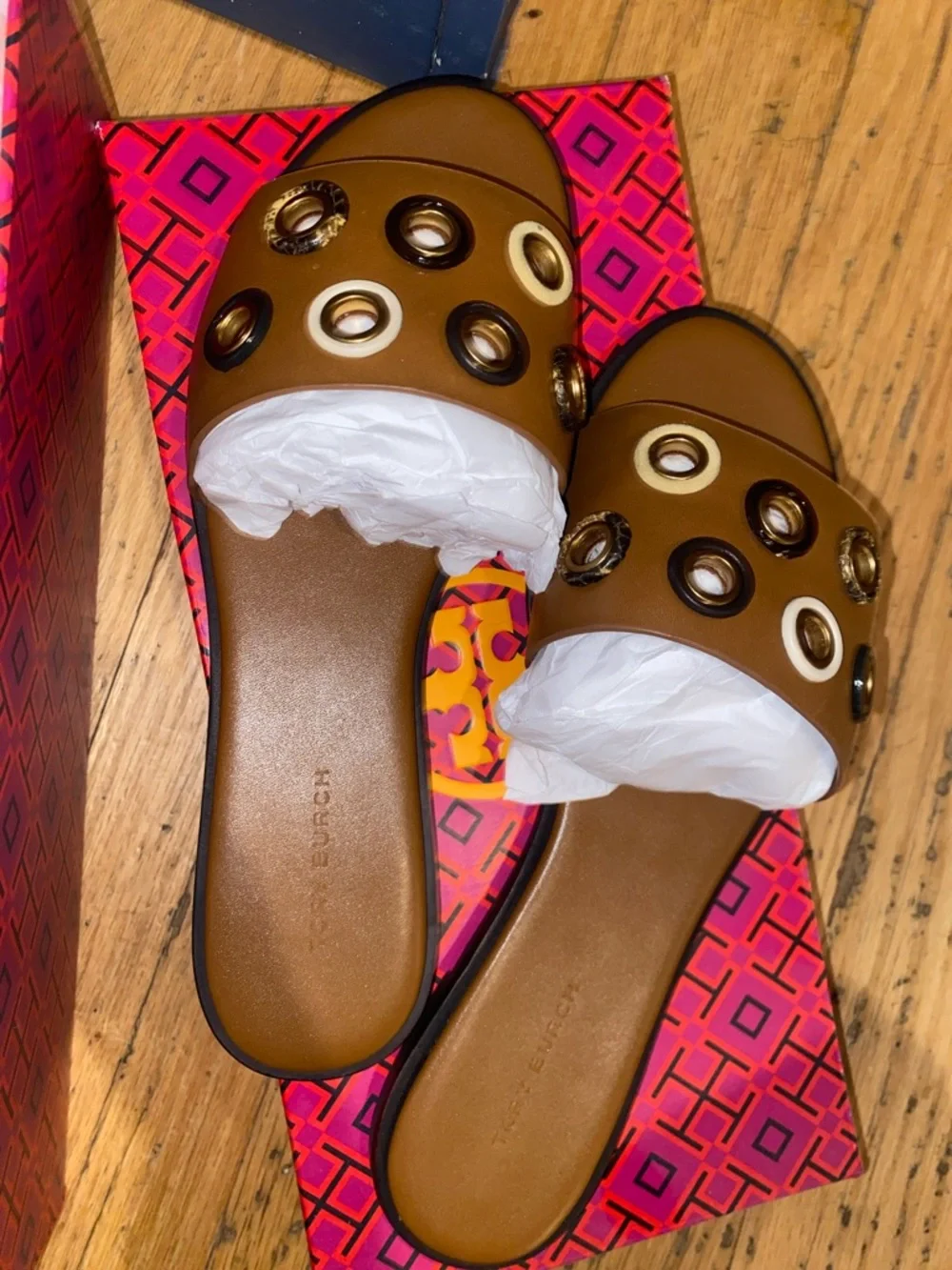 Everly Tan Slide Sandals with Gold and Black Grommet Accents